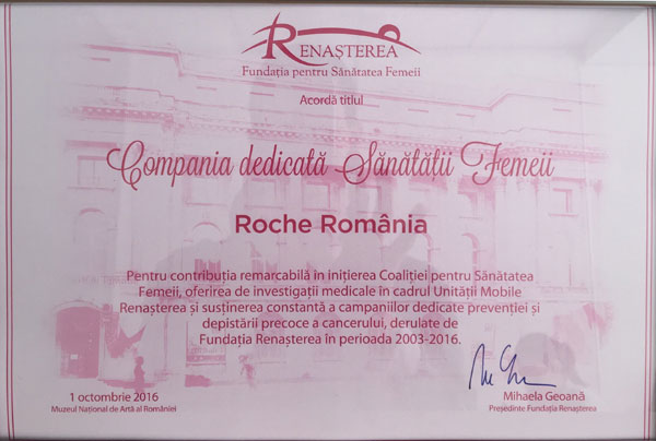Roche România, desemnată “Compania dedicată Sănătății Femeii”, cu ocazia ediției 2016 a Zilei de luptă împotriva cancerului de sân