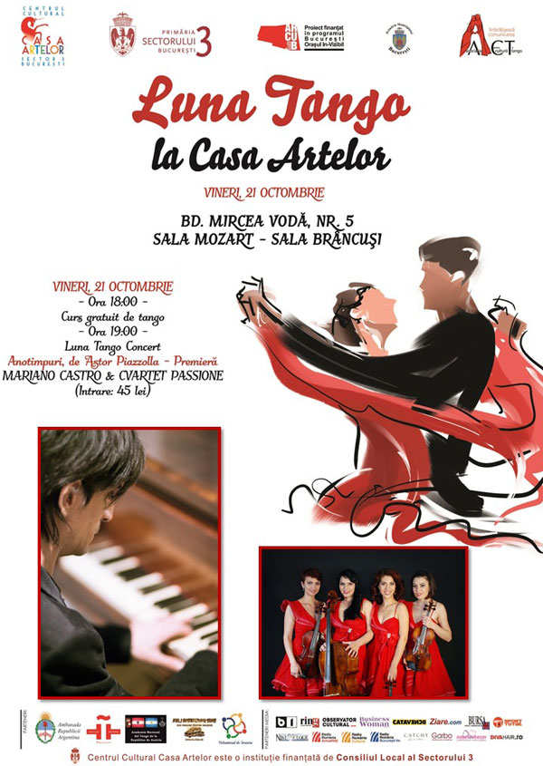 3 spectacole-eveniment cu “Luna Tango Concert“, spectacolul-concept de muzică live cu tango, vor avea loc la Casa Artelor, în octombrie şi noiembrie