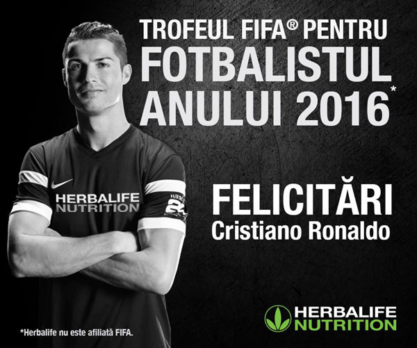Herbalife Nutrition îl felicită pe Cristiano Ronaldo, care a fost numit “cel mai bun jucător FIFA 2016”