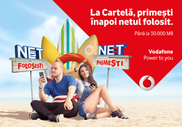 Utilizatorii cartelelor preplătite Vodafone România primesc înapoi netul pe care îl consumă în limita a 30.000 MB lunar, plus 30.000 MB bonus la înrolarea în Net folosești, Net primești