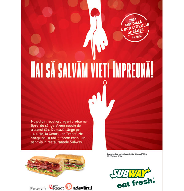 Subway® marchează Ziua Mondială a Donatorului de Sânge, prin campania națională “Hai să salvăm vieți împreună”
