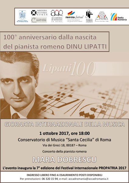 Concert aniversar “LIPATTI 100 – În căutarea luminii…” la Conservatorul de Muzică “Santa Cecilia” din Roma
