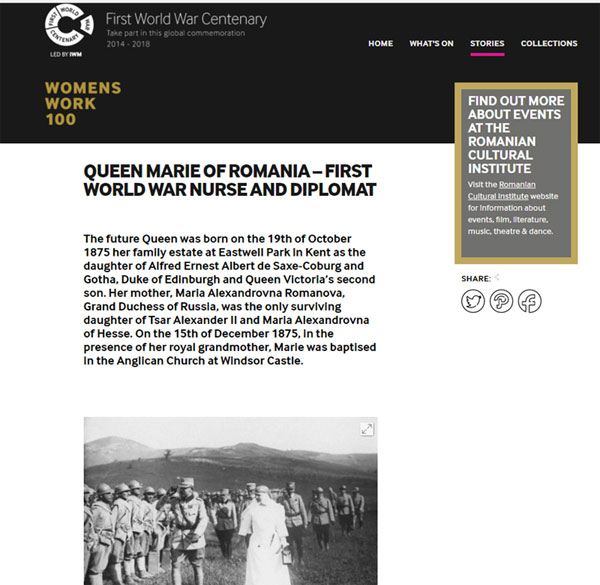 Regina Maria, între personalitățile singularizate de Imperial War Museum din Londra de Ziua Internațională a Femeii