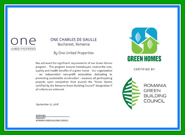 One Charles de Gaulle a primit certificarea „Green Homes” din partea Romanian Green Building Council