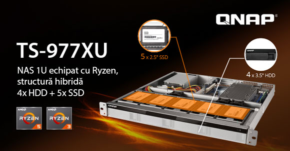 QNAP a lansat TS-977XU, primul NAS 1U cu structură hibridă, echipat cu procesoare AMD Ryzen