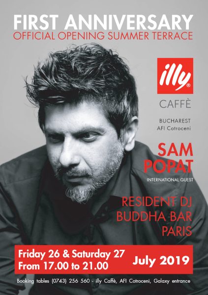 O nouă vedetă internațională ajunge în AFI Cotroceni! Vino să-l vezi pe Sam Popat, DJ Rezident Buddha Bar Paris, cum mixează la inaugurarea terasei illy CAFFÈ!