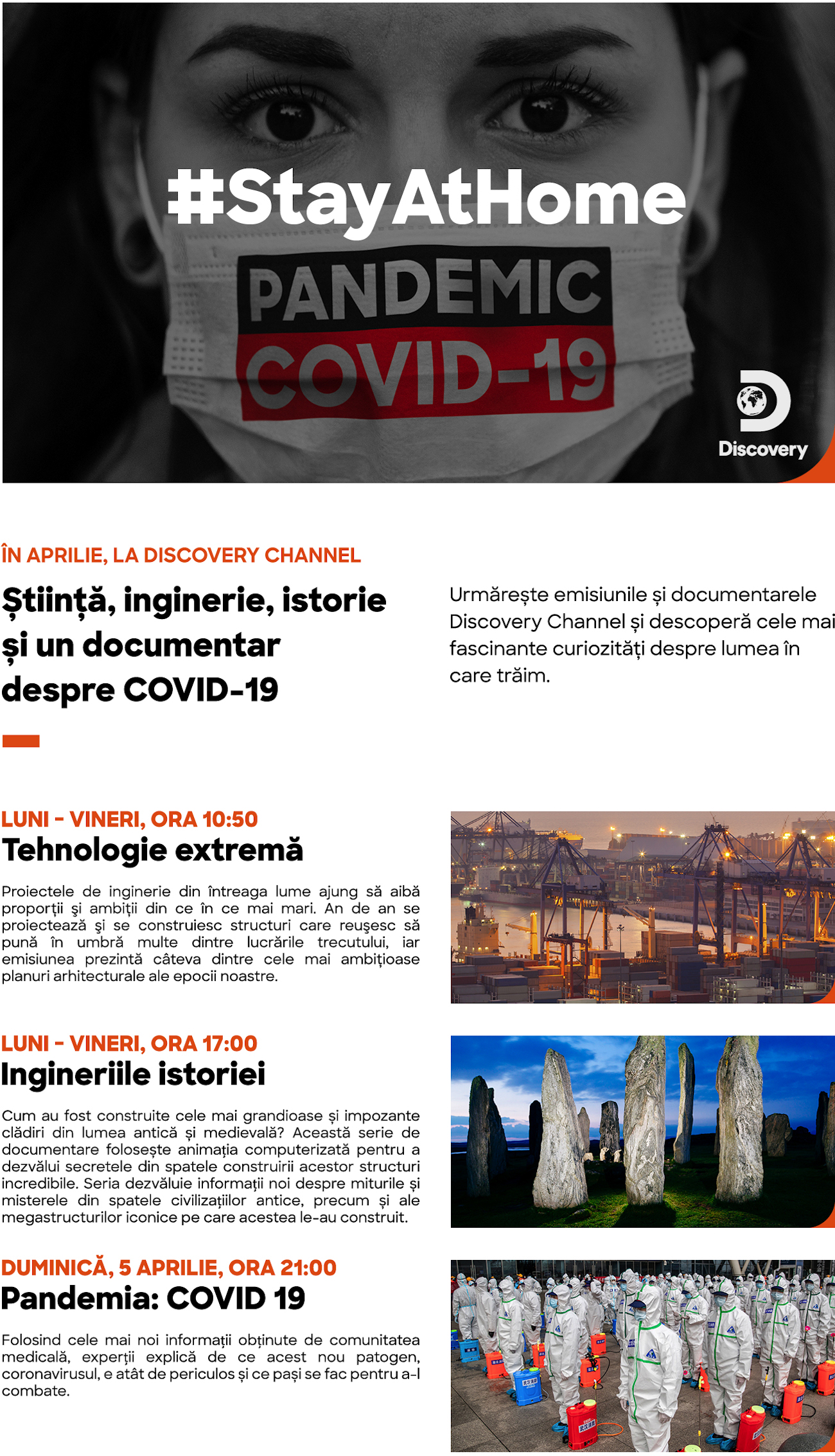 Știință, inginerie, istorie și un documentar despre COVID-19 în aprilie la Discovery Channel