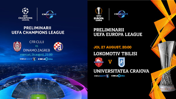 CFR Cluj-Dinamo Zagreb și Lokomotivi Tibilisi-Universitatea Craiova, în direct la Digi Sport