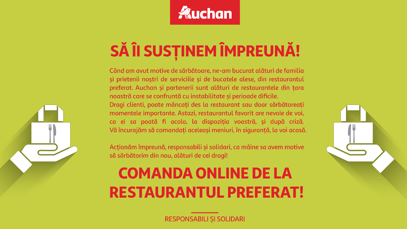 Auchan lansează o invitație la solidaritate către clienții săi, prin care să continue să comande online cu livrare de la restaurantele lor preferate, închise în această perioadă