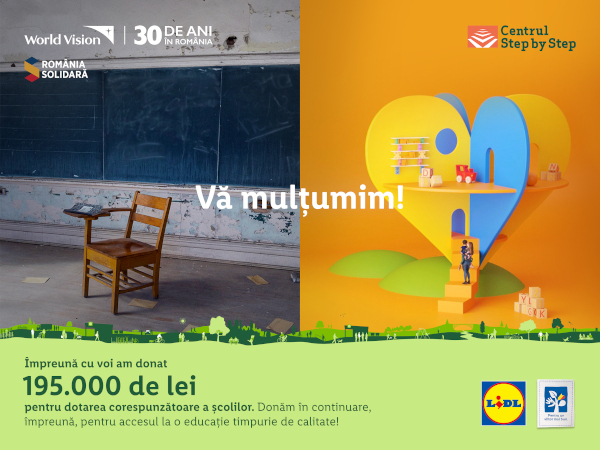Lidl contribuie împreună cu clienții săi la modernizarea școlilor din România printr-o donație de 195.000 lei către World Vision și anunță o nouă campanie de strângere de fonduri, pentru Centrul Step by Step