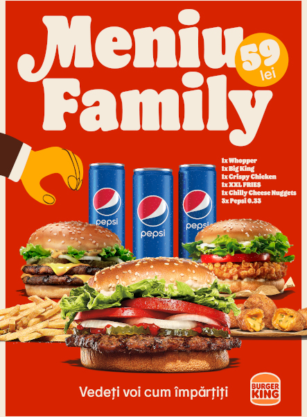 O nouă ofertă lansată de Burger King. Meniul Family – oferta pentru toată familia, disponibilă exclusiv la delivery
