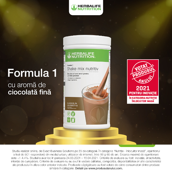 Shake-ul înlocuitor de masă Herbalife Nutrition Formula 1 cu aromă de ciocolată fină a câștigat premiul „Votat Produsul Anului 2021”