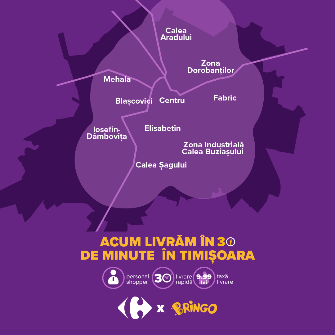 Cluj-Napoca și Timișoara, cele mai noi orașe incluse pe harta livrării rapide Carrefour prin Bringo