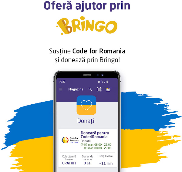 Bringo România susține eforturile Code for Romania de a sprijini refugiații ucraineni: donație de 2% din venituri și o nouă secțiune dedicată donațiilor direct din aplicația Bringo