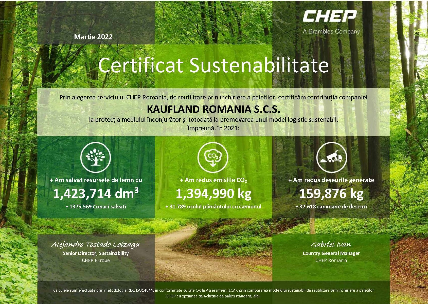 CHEP Certificat Sustenabilitate Kaufland 2021 RO