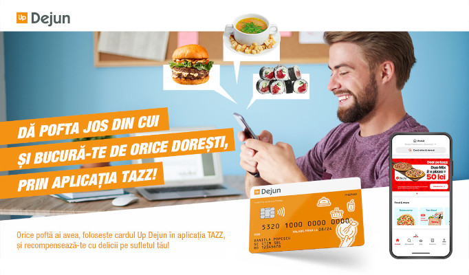 Două vești bune pentru clienții și beneficiarii Up România: valoarea nominală a cardului de masă Up Dejun a crescut la 30 de lei și cardul Up Dejun permite plata comenzilor în aplicația Tazz
