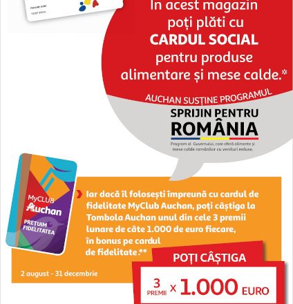 Cardurile de tichete sociale din programul guvernamental Sprijin pentru România, emise prin operatorii Up România și Sodexo, pot fi folosite în magazinele Auchan