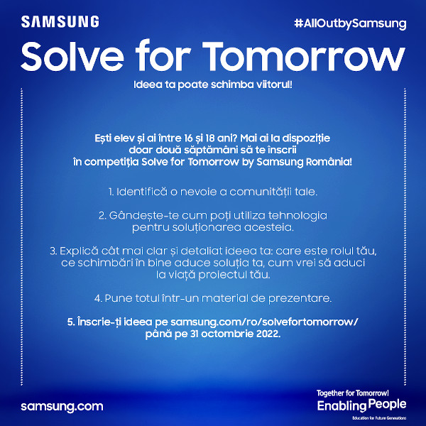 Elevii pasionați de sustenabilitate mai au la dispoziție doar două săptămâni pentru a se înscrie în competiția Solve For Tomorrow de la Samsung