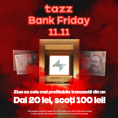 Tazz Bank Friday – De Black Friday, utilizatorii Tazz își pot comanda vouchere de 100 de lei cu prețuri pornind de la 20 de lei