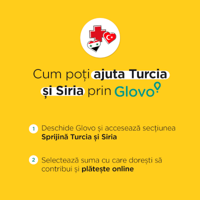 Glovo pune la dispoziție în aplicație un spațiu dedicat donațiilor pentru victimele cutremurelor din Turcia și Siria