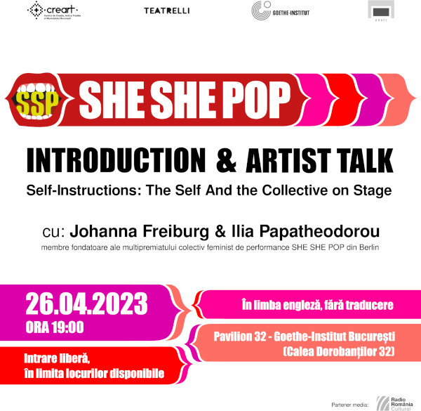Publicul interesat de dezvoltarea artei performative poate pătrunde, în premieră la Bucureşti, în culisele de lucru ale „She She Pop”, unul dintre cele mai revoluţionare şi multipremiate colective de teatru din Berlin