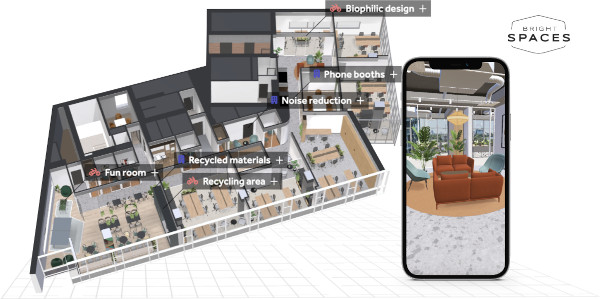 Bright Spaces integrează cele mai avansate opțiuni de prezentare digitală a unui plan de birouri în soluția sa, Custom 3D Space Planning V2
