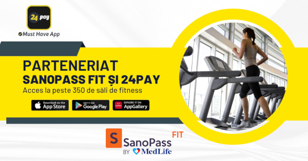 Accesul la peste 350 de săli de fitness din rețeaua SanoPass FIT, disponibil prin aplicaţia 24pay