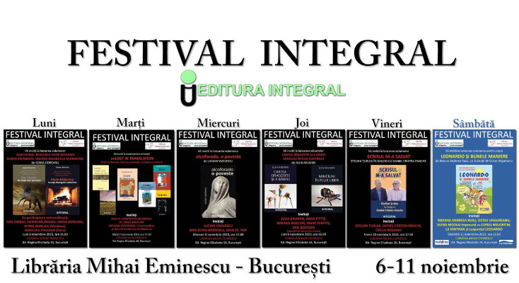Editura Integral organizează festivalul lansărilor de carte la Librăria Mihai Eminescu din București între 6 și 11 noiembrie