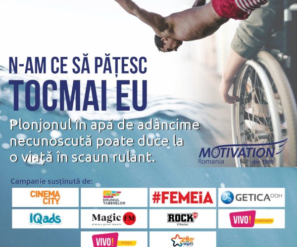 „Plonjonul în apă de adâncime necunoscută poate duce la o viață în scaun rulant”, prima campanie de prevenție a leziunilor medulare lansată de Fundația Motivation România